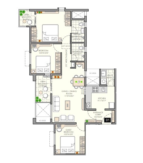 Floor plan of 3 BHK 763 Sq. Ft. Apartment in Vilas Javdekar Yashone Maan, Pune