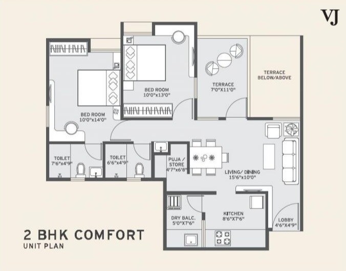 Floor plan of 2 BHK 745 Sq. Ft. Apartment in Vilas Javdekar Yashwin Anand, Pune