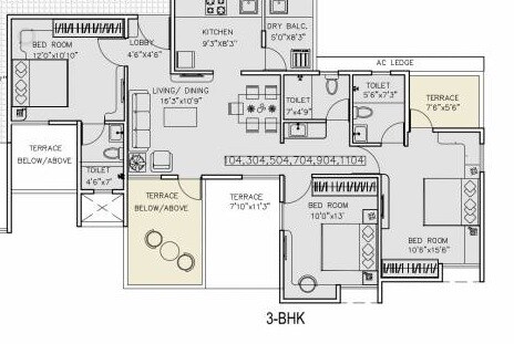 Floor plan of 3 BHK 852 Sq. Ft. Apartment in Vilas Javdekar Yashwin Anand, Pune