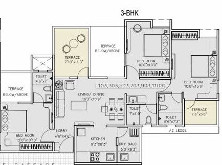 Floor plan of 3 BHK 893 Sq. Ft. Apartment in Vilas Javdekar Yashwin Anand, Pune