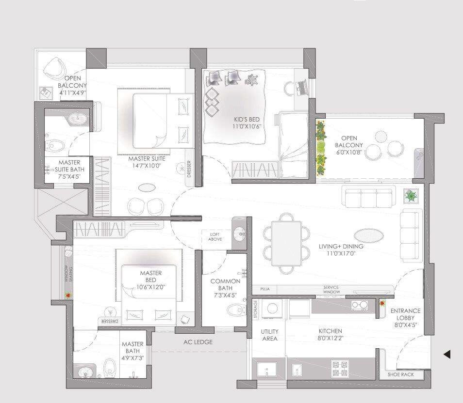 Floor plan of 3 BHK 675 Sq. Ft. Apartment in Vilas Javdekar Yashwin Encore, Pune