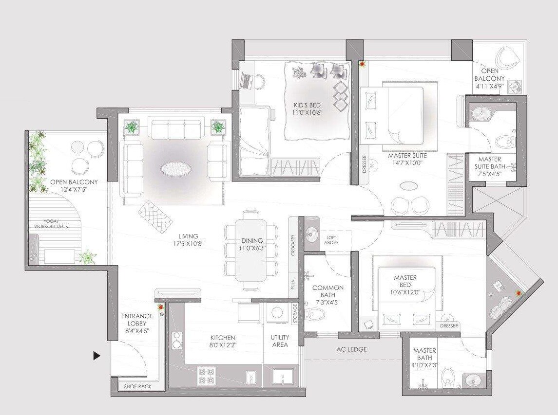 Floor plan of 3 BHK 772 Sq. Ft. Apartment in Vilas Javdekar Yashwin Encore, Pune