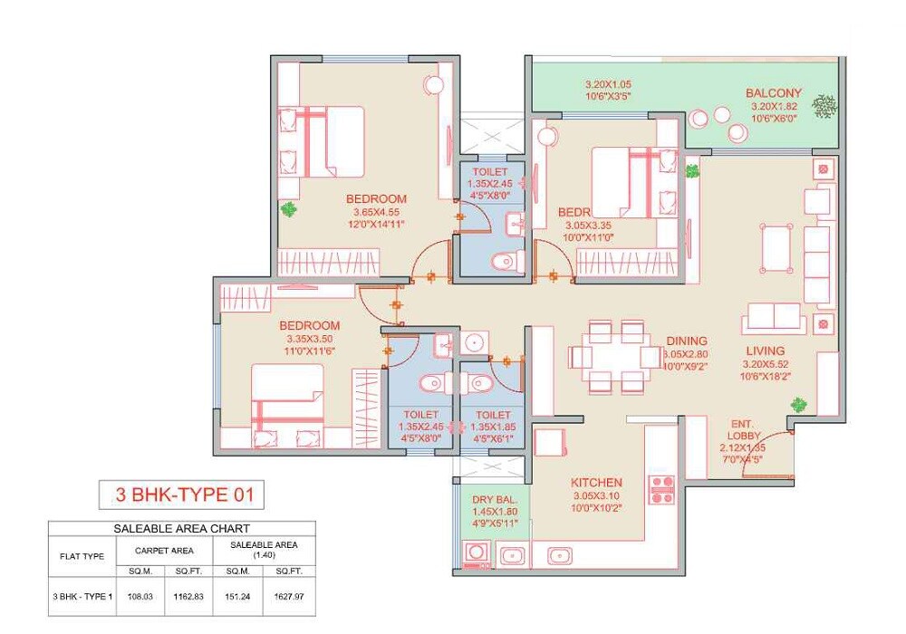 3 BHK 1163 Sq. Ft. Apartment
