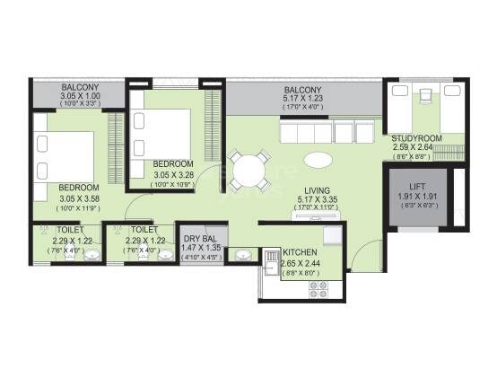 Floor plan of 2 BHK 776 Sq. Ft. Apartment in Vineet Vishvam, Pune