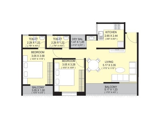 Floor plan of 2 BHK 852 Sq. Ft. Apartment in Vineet Vishvam, Pune
