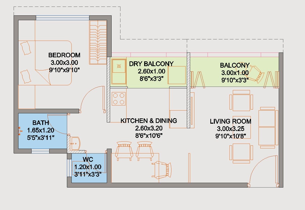 Floor plan of 1 BHK 422 Sq. Ft. Apartment in Viraj Anandwan, Pune