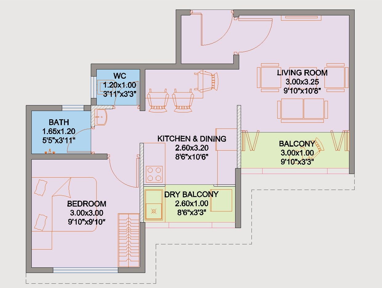 Floor plan of 1 BHK 445 Sq. Ft. Apartment in Viraj Anandwan, Pune
