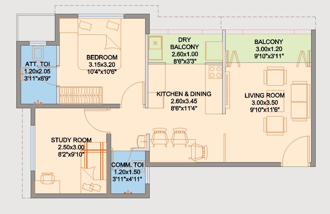 Floor plan of 1 BHK 540 Sq. Ft. Apartment in Viraj Anandwan, Pune