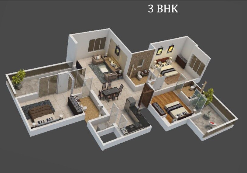 Floor plan of 3 BHK 1000 Sq. Ft. Apartment in Viraj Sequoia, Pune