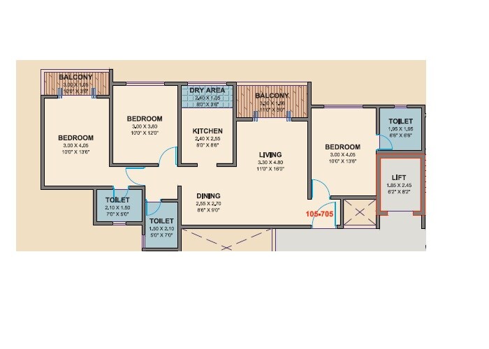 Floor plan of 3 BHK 939 Sq. Ft. Apartment in Virinchi Swanand CHS, Pune
