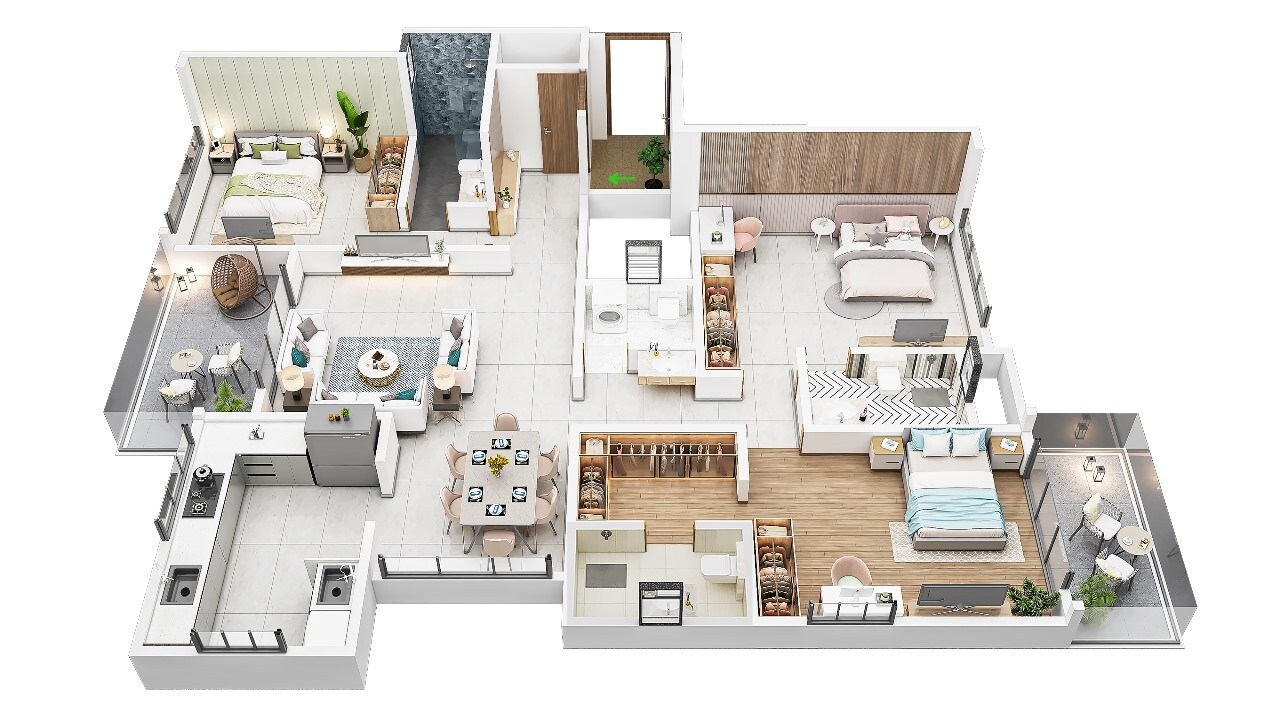 Floor plan of 3 BHK 1424 Sq. Ft. Apartment in Virkar Seven, Pune