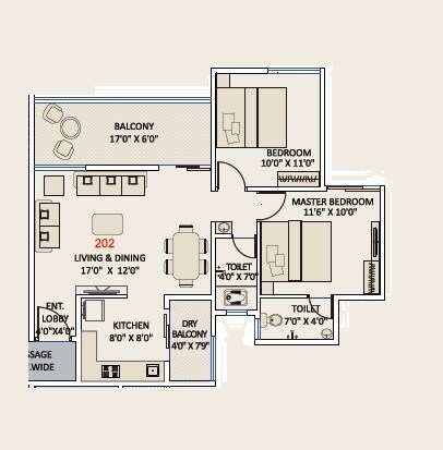Floor plan of 2 BHK 621 Sq. Ft. Apartment in Vishal Belleza, Pune
