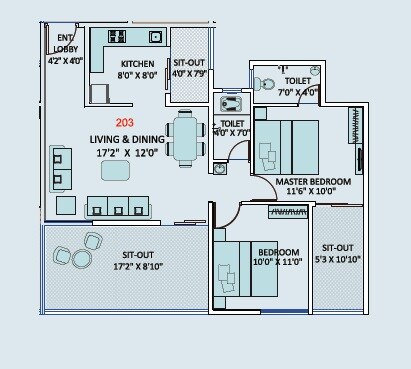 Floor plan of 2 BHK 634 Sq. Ft. Apartment in Vishal Belleza, Pune