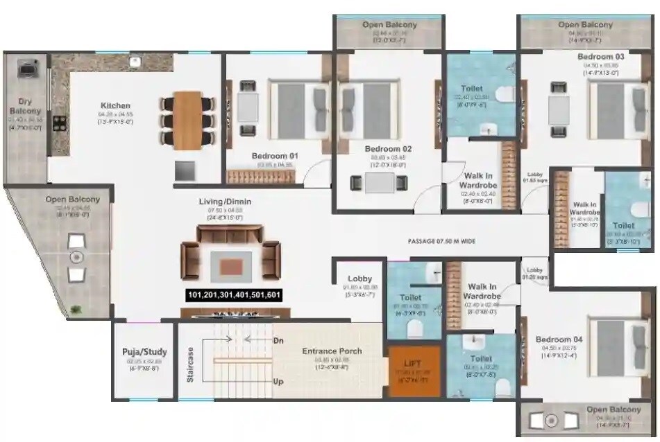 Floor plan of 4 BHK 2222 Sq. Ft. Apartment in Vishal Complex Kasarwadi, Pune