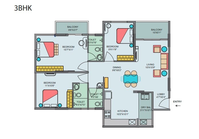 Floor plan of 3 BHK 960 Sq. Ft. Apartment in Vishal Eastern Front, Pune