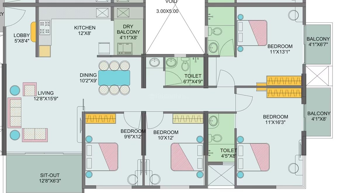 Floor plan of 4 BHK 1254 Sq. Ft. Apartment in Vishal Eastern Front, Pune