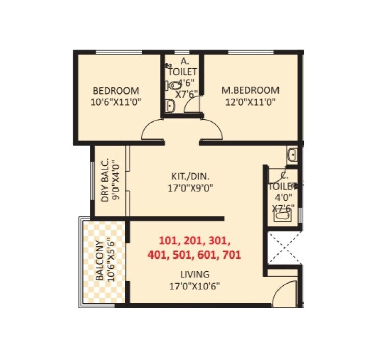 Floor plan of 2 BHK 815 Sq. Ft. Apartment in Vishal Leela Residency, Pune