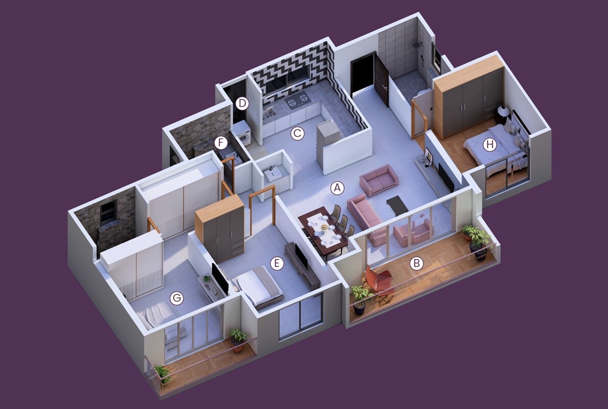 Floor plan of 3 BHK 1325 Sq. Ft. Apartment in Vishnu Crown, Pune