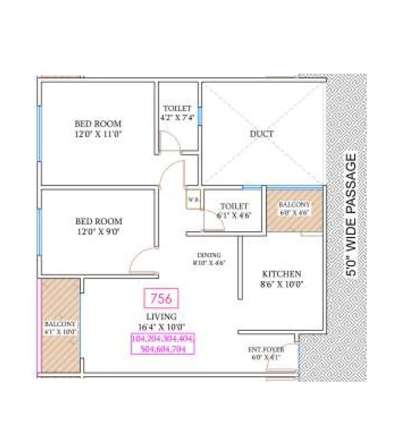 Floor plan of 2 BHK 756 Sq. Ft. Apartment in Vishwa The Butterfly, Pune