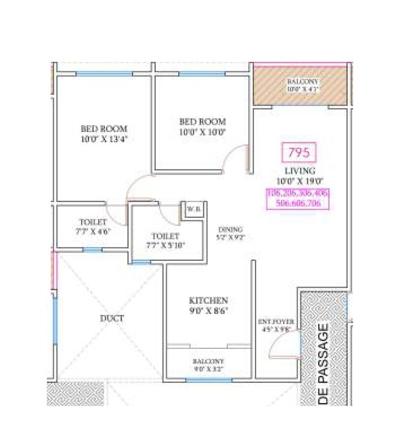 Floor plan of 2 BHK 795 Sq. Ft. Apartment in Vishwa The Butterfly, Pune