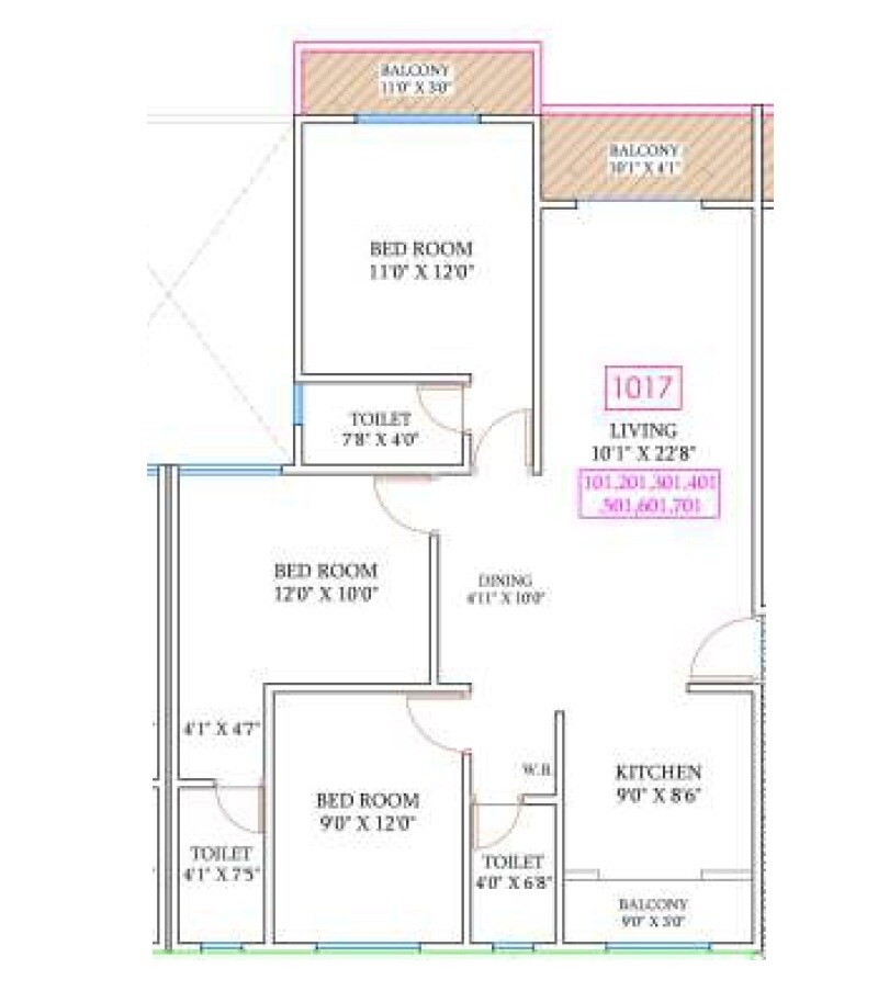 Floor plan of 3 BHK 1017 Sq. Ft. Apartment in Vishwa The Butterfly, Pune