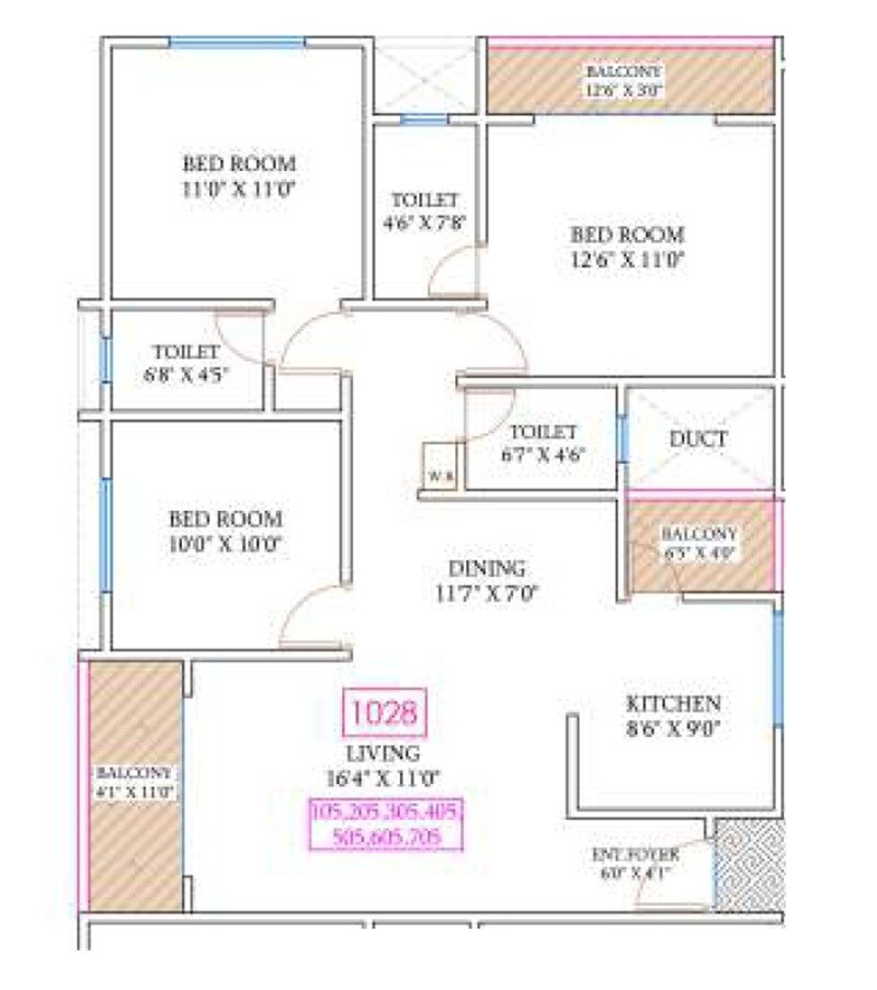Floor plan of 3 BHK 1028 Sq. Ft. Apartment in Vishwa The Butterfly, Pune
