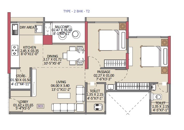 Floor plan of 2 BHK 757 Sq. Ft. Apartment in Vision 24 Degree, Pune