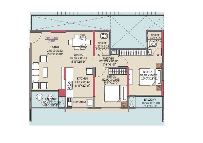 Floor plan of 2 BHK 823 Sq. Ft. Apartment in Vision 24 Degree, Pune
