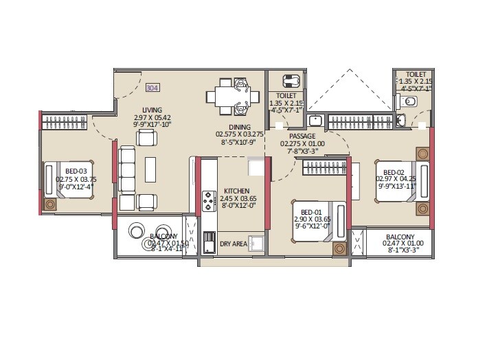 Floor plan of 3 BHK 939 Sq. Ft. Apartment in Vision 24 Degree, Pune