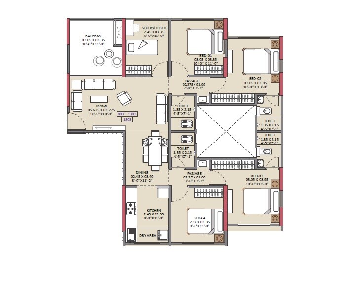 Floor plan of 4 BHK 1302 Sq. Ft. Apartment in Vision 24 Degree, Pune