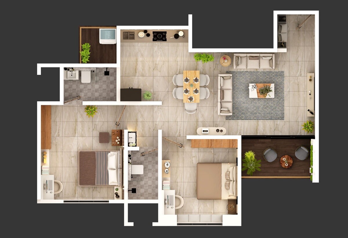 Floor plan of 2 BHK 734 Sq. Ft. Apartment in Vision Aristo, Pune