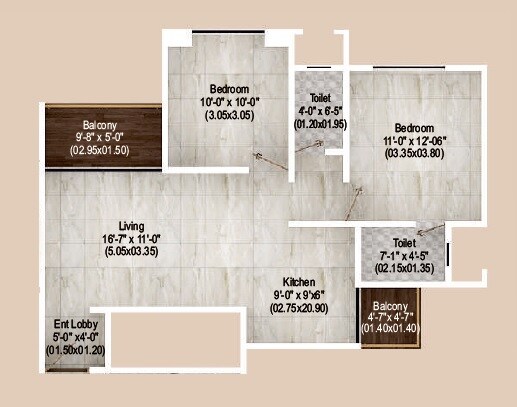 Floor plan of 2 BHK 842 Sq. Ft. Apartment in Vision Aristo, Pune