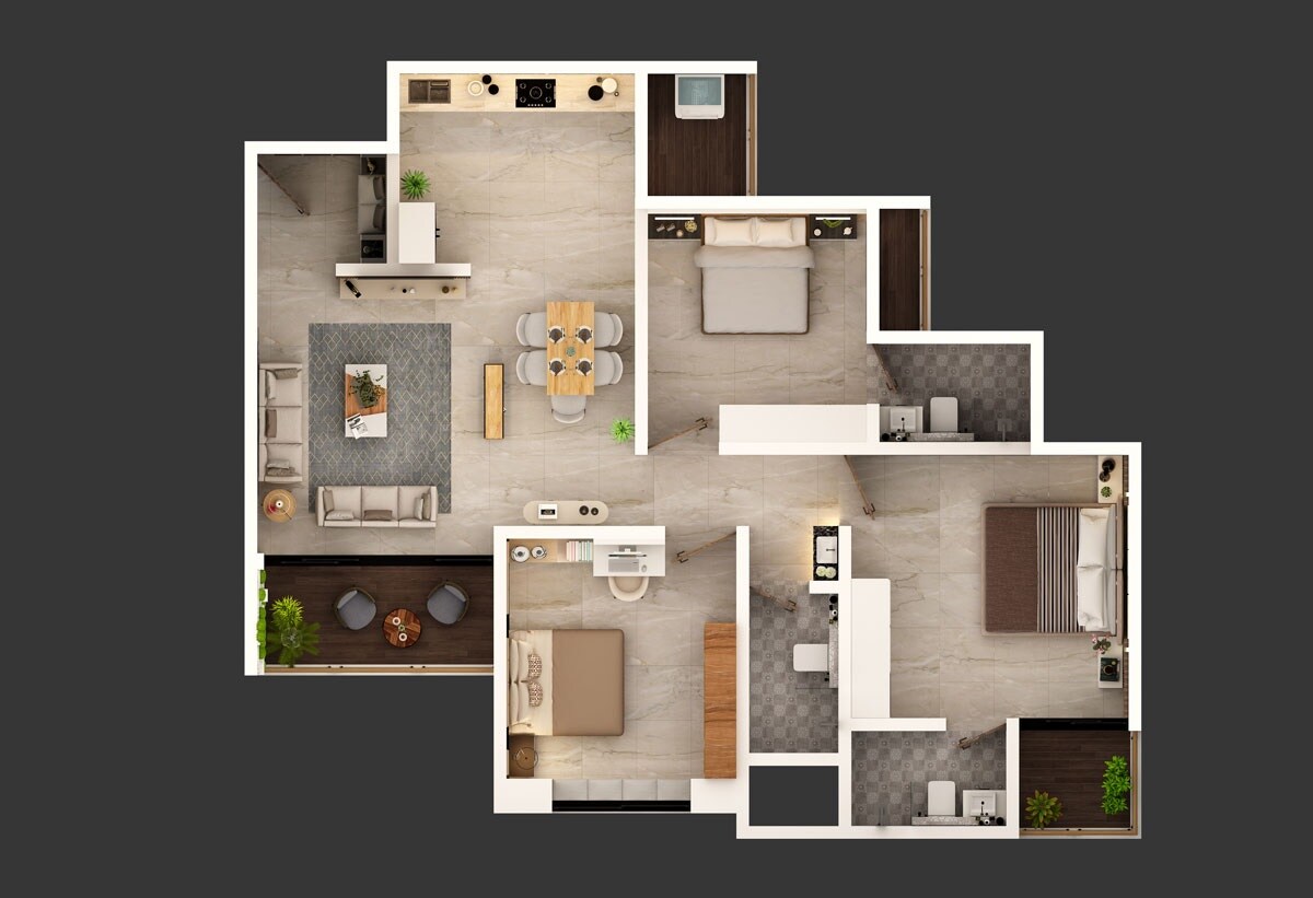 Floor plan of 3 BHK 871 Sq. Ft. Apartment in Vision Aristo, Pune