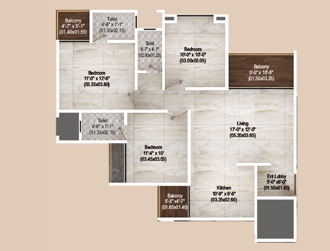 Floor plan of 3 BHK 995 Sq. Ft. Apartment in Vision Aristo, Pune