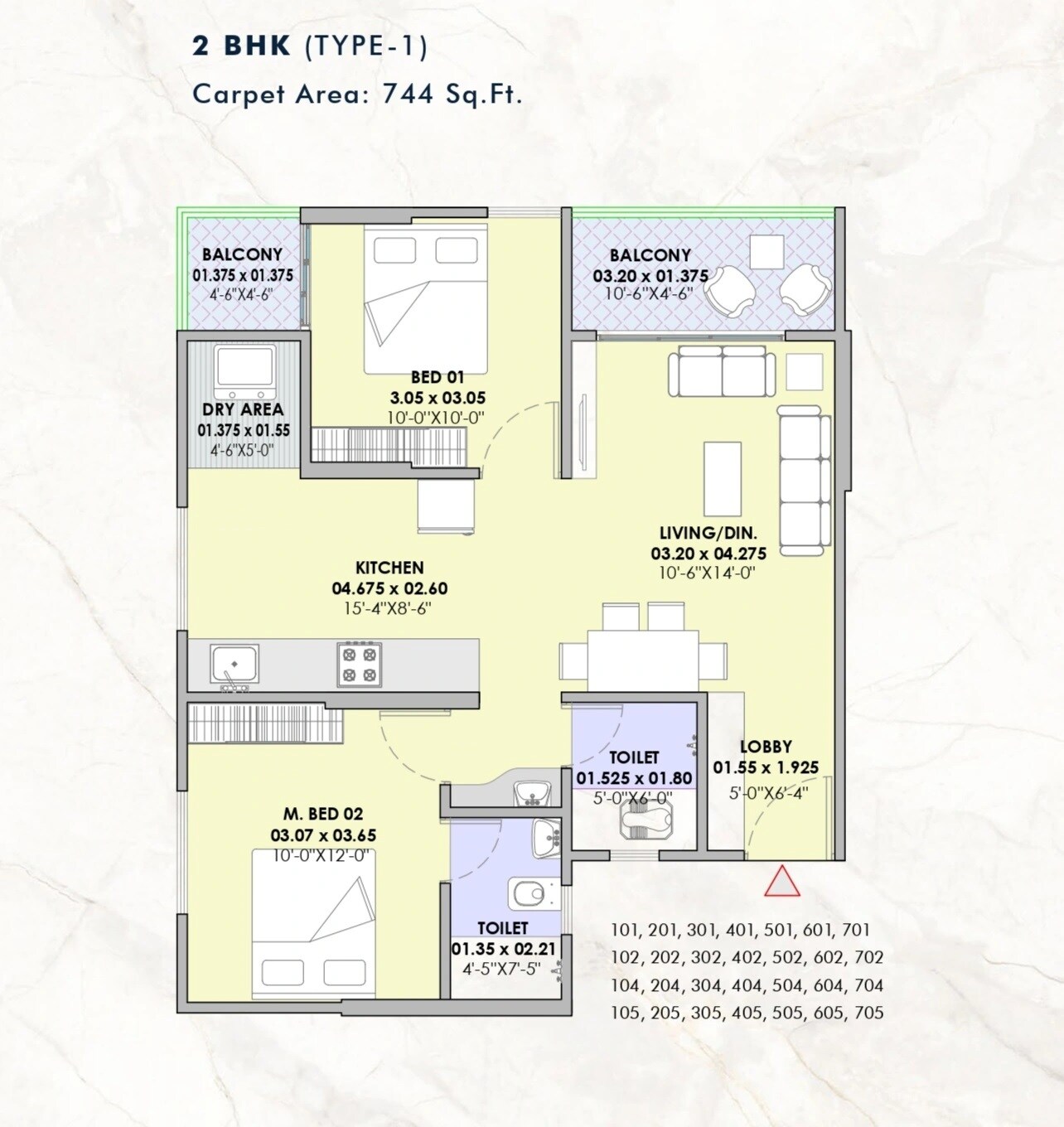 Floor plan of 2 BHK 744 Sq. Ft. Apartment in Vision Ekaan, Pune