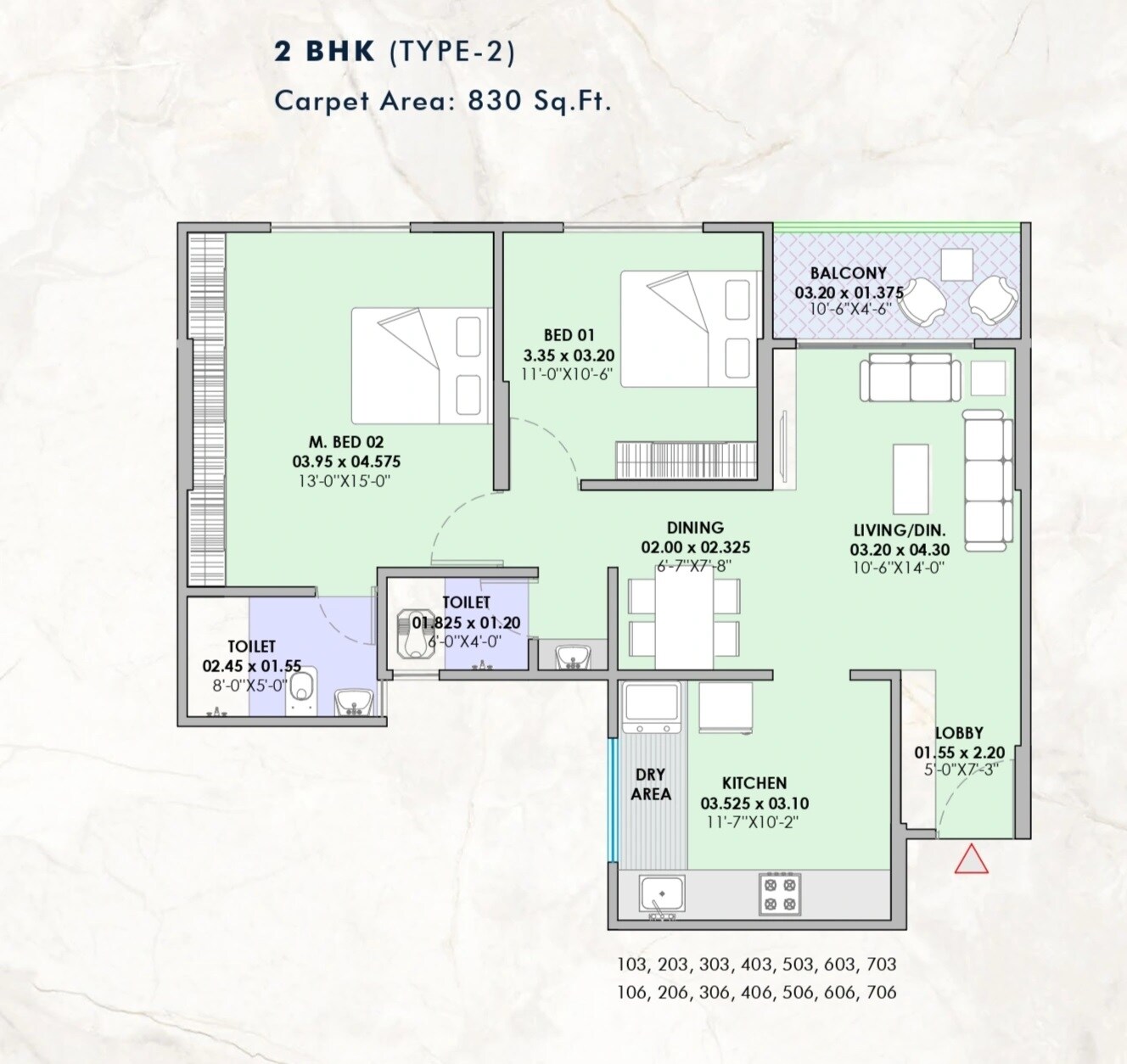 Floor plan of 2 BHK 830 Sq. Ft. Apartment in Vision Ekaan, Pune