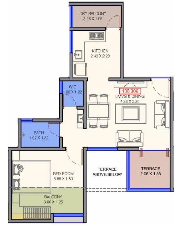 Floor plan of 1 BHK 362 Sq. Ft. Apartment in Vision Eternity, Pune