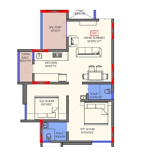 Floor plan of 2 BHK 559 Sq. Ft. Apartment in Vision Eternity, Pune