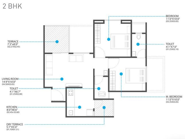 Floor plan of 2 BHK 631 Sq. Ft. Apartment in Vision Indrabhumi, Pune
