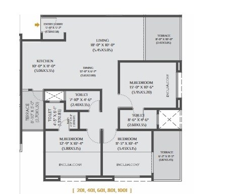 Floor plan of 3 BHK 821 Sq. Ft. Apartment in Vision Indratej, Pune