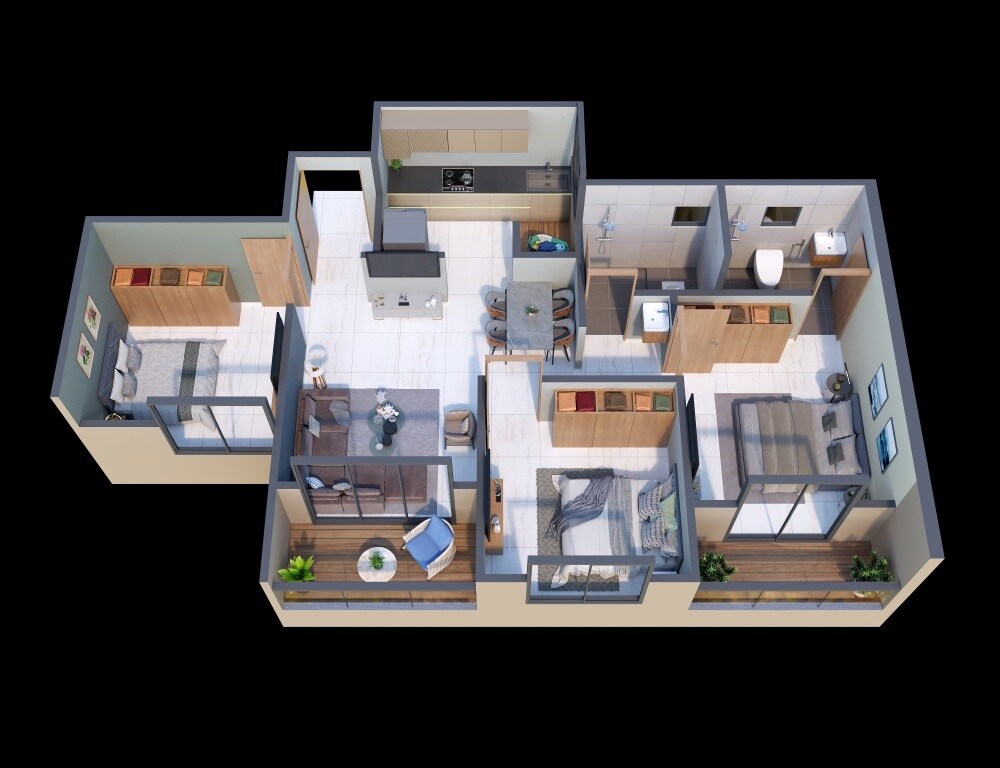 Floor plan of 3 BHK 840 Sq. Ft. Apartment in Vision Rhythm, Pune
