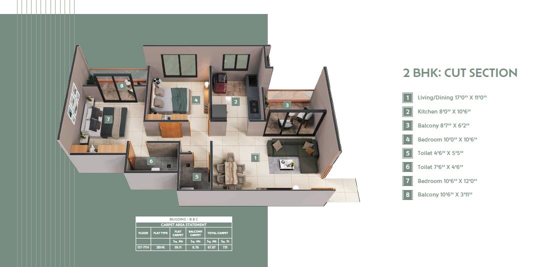 Floor plan of 2 BHK 731 Sq. Ft. Apartment in Vision Spacio, Pune