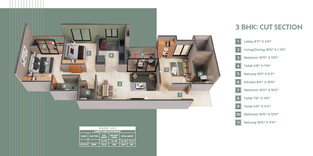 Floor plan of 3 BHK 951 Sq. Ft. Apartment in Vision Spacio, Pune