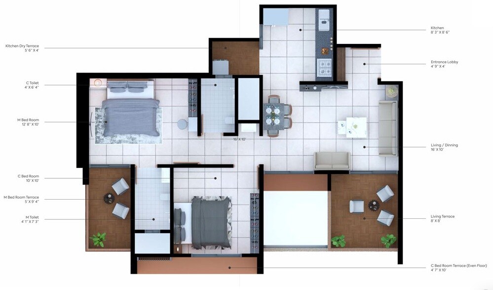Floor plan of 2 BHK 440 Sq. Ft. Apartment in Vision Starwest Phase 1, Pune