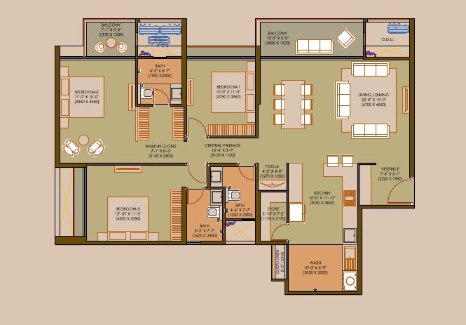 Floor plan of 3 BHK 1423 Sq. Ft. Apartment in Vision Vanessa, Pune