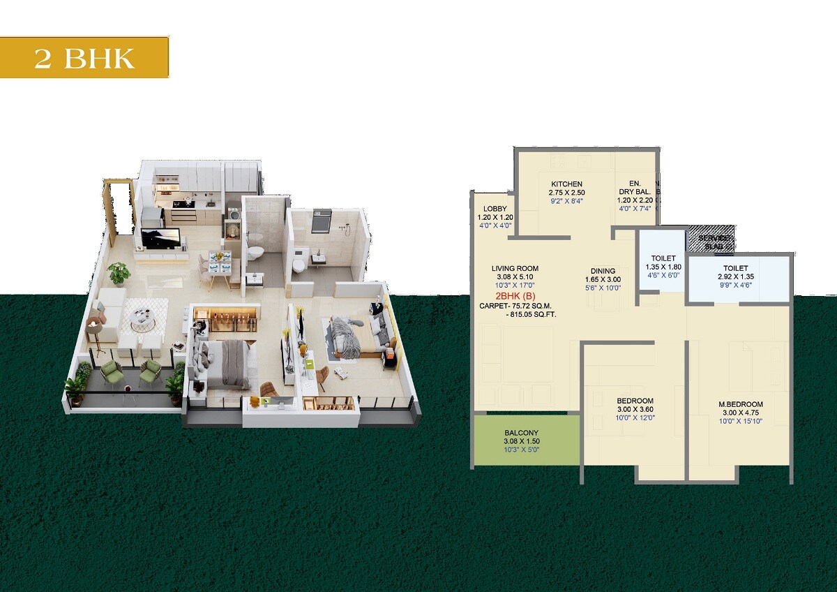 2 BHK 815 Sq. Ft. Apartment