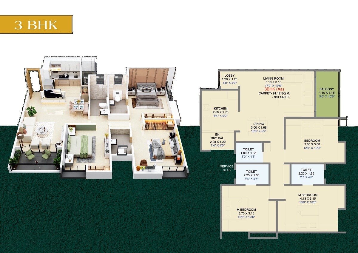 3 BHK 981 Sq. Ft. Apartment