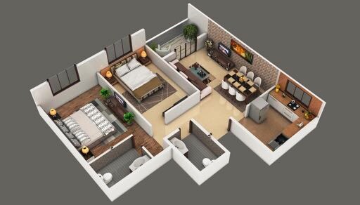 Floor plan of 2 BHK 740 Sq. Ft. Apartment in Vivansaa Cellandine Phase II, Pune