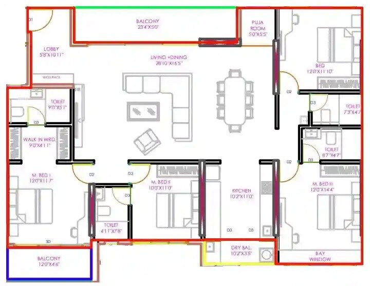 Floor plan of 4 BHK 1791 Sq. Ft. Apartment in Vivanta Yashada Windsong, Pune
