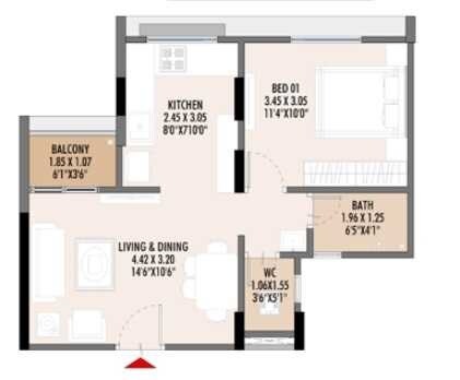 Floor plan of 1 BHK 454 Sq. Ft. Apartment in Vizion Bliss, Pune